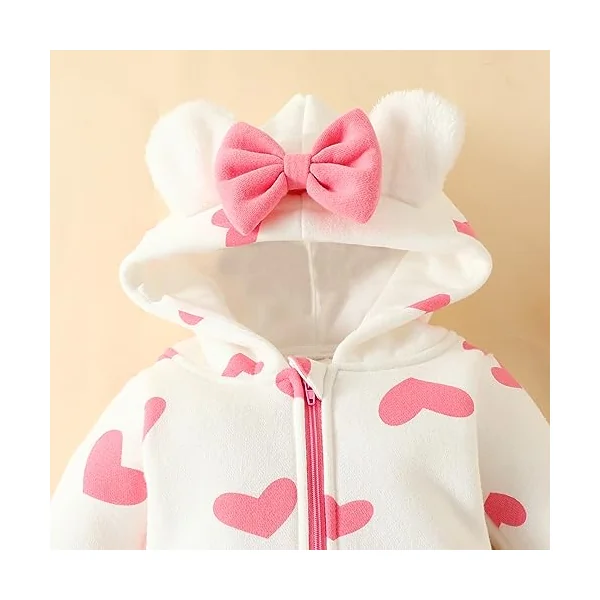 Carolilly Baby Girls Romper Winter Warm Infant Baby Jumpsuit Romper Bear Ear Snowsuit Newborn Hooded Romper Warm Coat Heart/Cow Pattern Long Sleeve Zipper Button Romper