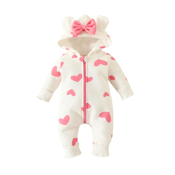 Carolilly Baby Girls Romper Winter Warm Infant Baby Jumpsuit Romper Bear Ear Snowsuit Newborn Hooded Romper Warm Coat Heart/Cow Pattern Long Sleeve Zipper Button Romper