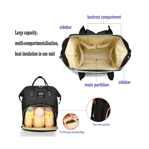 Casual Changing Backpack Bag for Mum and Baby - Organiser Backpack for on the Go - Large Changing Mat Nappy Bag with Bottle Pocket - Ideal for Prams and Hospital Bags, black, L