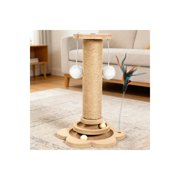 Cat Scratch Post for Indoor Cats 50cm Pine Wood and Sisal Cat Scratcher with Interactive Balls Feather Teaser Platforms