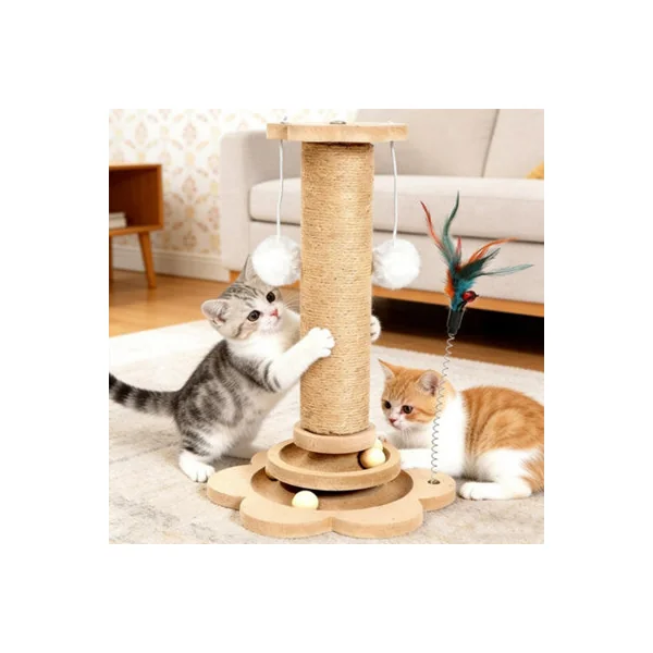 Cat Scratch Post for Indoor Cats 50cm Pine Wood and Sisal Cat Scratcher with Interactive Balls Feather Teaser Platforms