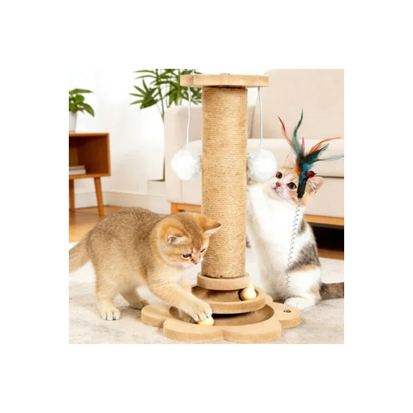 Cat Scratch Post for Indoor Cats 50cm Pine Wood and Sisal Cat Scratcher with Interactive Balls Feather Teaser Platforms