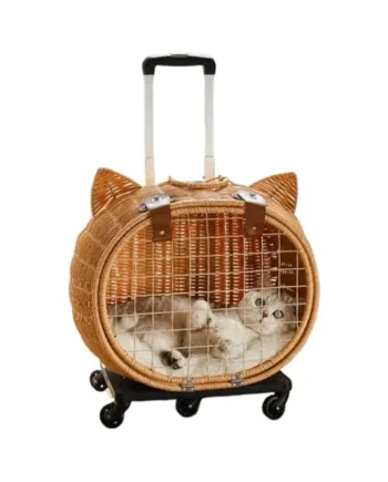 Cat Stroller, Rattan Travel Carrier Stroller for Cats Dogs, Pet Carrier Retro Cart for Medium Puppy Kitten Travel Outdoor Daily Walks Beach Picnic Beach