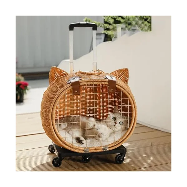 Cat Stroller,Cute Rattan Puppy Stroller Cat Carrier - Retro Cart with Telescopic Handle for Medium Animal Carrying Daily Walks Shopping Travel Picnic Camping Outdoor