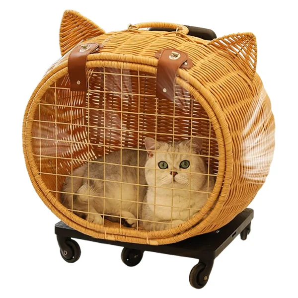 Cat Stroller,Cute Rattan Puppy Stroller Cat Carrier - Retro Cart with Telescopic Handle for Medium Animal Carrying Daily Walks Shopping Travel Picnic Camping Outdoor