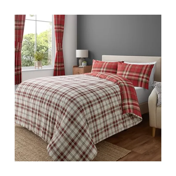 Catherine Lansfield Kelso Check Reversible Double Duvet Cover Set with Pillowcase Red