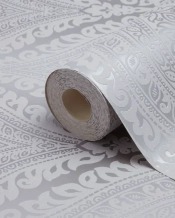 Celosi Grey Damask Metallic effect Vintage Textured Wallpaper