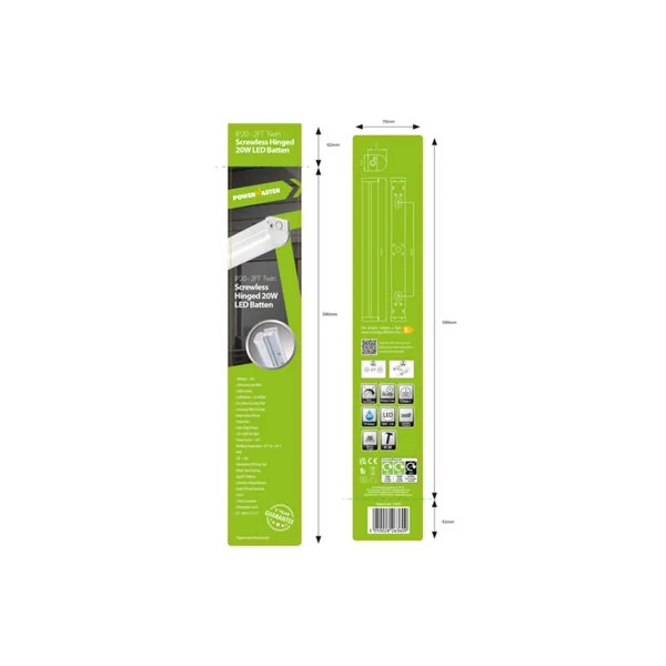 CGC 20W Twin LED Batten 2ft 0.6m IP20 Hinged Strip Light 2600 Lumen 4000K