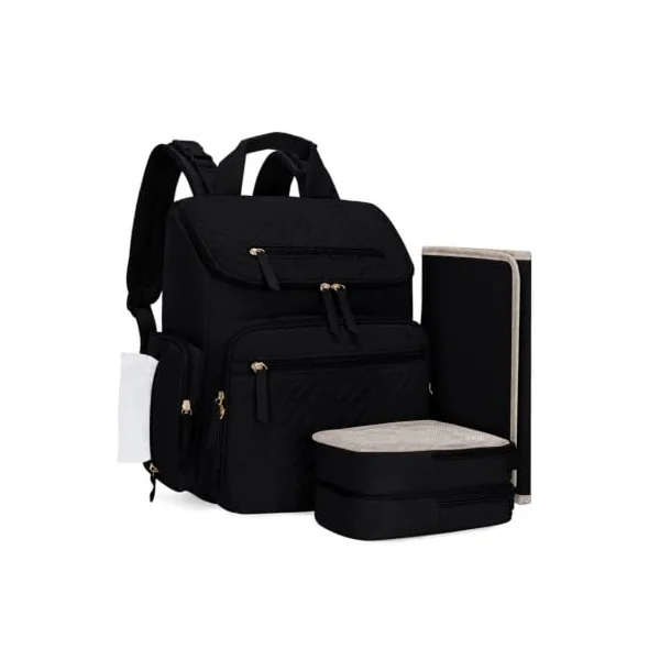Changing Bag with Changing Mat, Diaper Bag with Insulated Pockets, Black | Stroller Straps, Two Portable Pouches, Luggage Strap, Nappy Backpack, Baby Bag Backpacks, Tissue Pocket