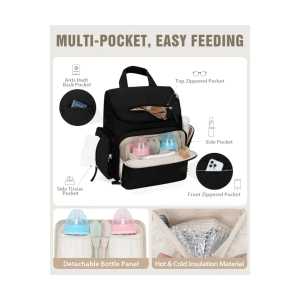 Changing Bag with Changing Mat, Diaper Bag with Insulated Pockets, Black | Stroller Straps, Two Portable Pouches, Luggage Strap, Nappy Backpack, Baby Bag Backpacks, Tissue Pocket