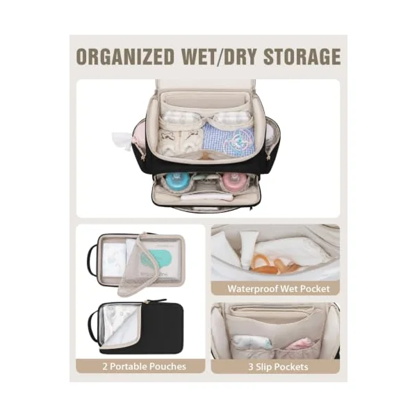 Changing Bag with Changing Mat, Diaper Bag with Insulated Pockets, Black | Stroller Straps, Two Portable Pouches, Luggage Strap, Nappy Backpack, Baby Bag Backpacks, Tissue Pocket