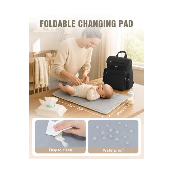 Changing Bag with Changing Mat, Diaper Bag with Insulated Pockets, Black | Stroller Straps, Two Portable Pouches, Luggage Strap, Nappy Backpack, Baby Bag Backpacks, Tissue Pocket