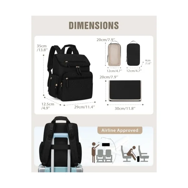 Changing Bag with Changing Mat, Diaper Bag with Insulated Pockets, Black | Stroller Straps, Two Portable Pouches, Luggage Strap, Nappy Backpack, Baby Bag Backpacks, Tissue Pocket