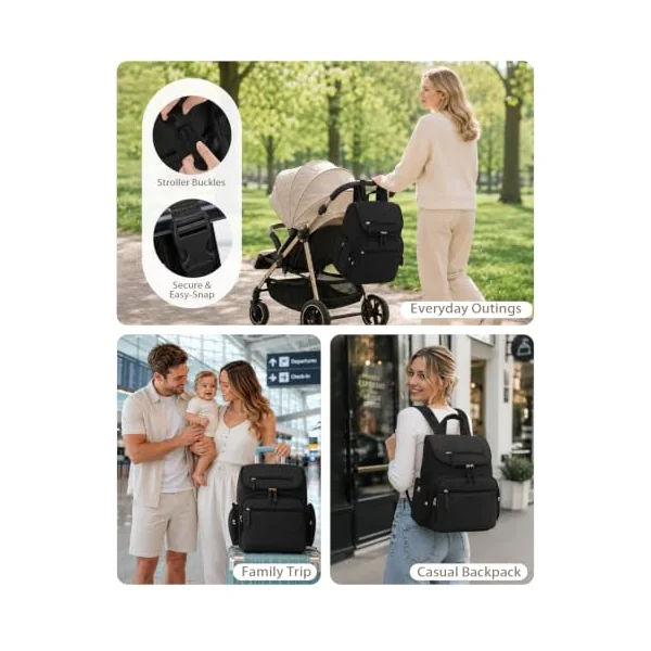 Changing Bag with Changing Mat, Diaper Bag with Insulated Pockets, Black | Stroller Straps, Two Portable Pouches, Luggage Strap, Nappy Backpack, Baby Bag Backpacks, Tissue Pocket