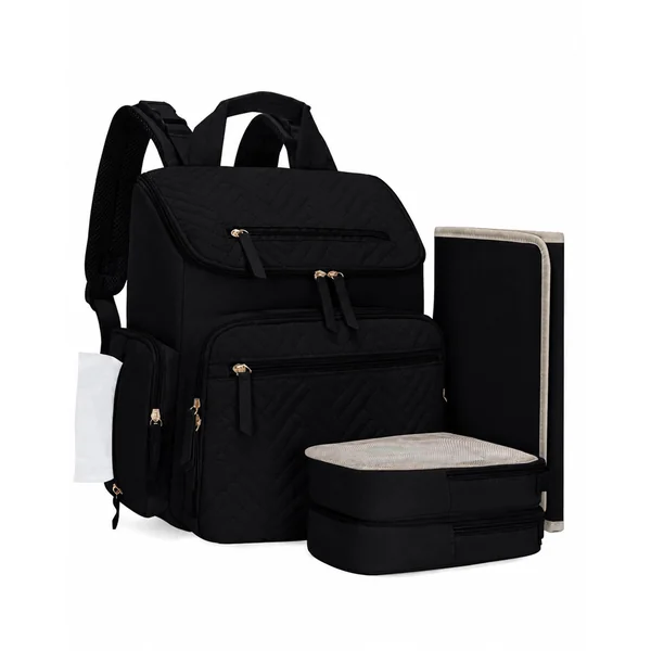 Changing Bag with Changing Mat, Diaper Bag with Insulated Pockets, Black | Stroller Straps, Two Portable Pouches, Luggage Strap, Nappy Backpack, Baby Bag Backpacks, Tissue Pocket