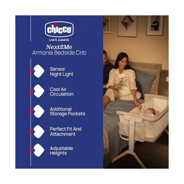 Chicco Next2Me Bedside Crib from birth up to 6 months, Co-sleeping crib with Motion Sensor Light, Travel Bag, Adjustable Height, Storage Pockets and Mattress, Scandinavian, 07087142610930