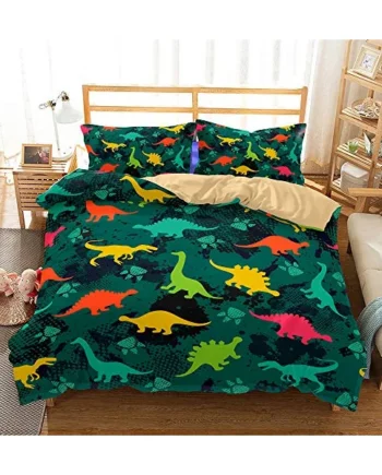 Chickwin Bedding Sets Duvet Cover, Children Cartoon Polyester Microfiber Single Double King Soft And Comfortable Color 3pcs, Duvet Cover, 2* Matching Pillowcases (green dinosaur,220x240cm)