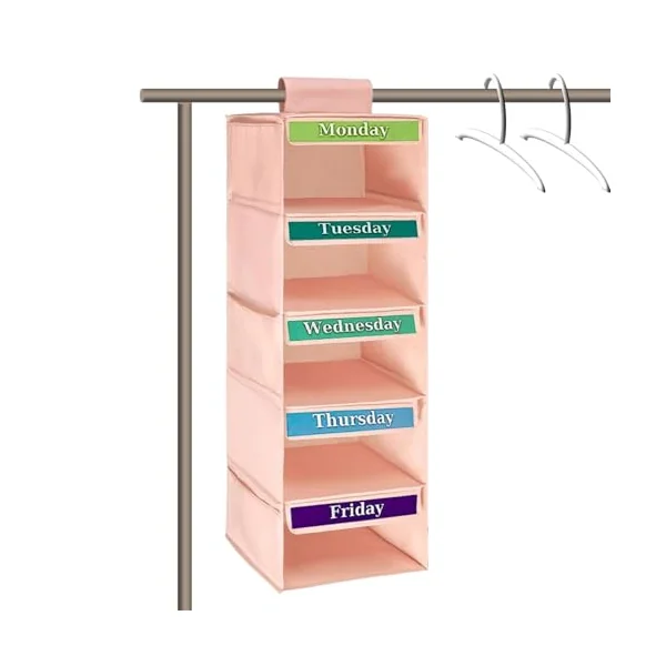 Children’s Garment Sorter, 5 Layer Suspended Wardrobe Rack, Apparel Holder for Weekday Wear and Everyday Looks, Soft Fabric Compartment Shelf for Kids’ Space, Armoire, Entry, Baby Room