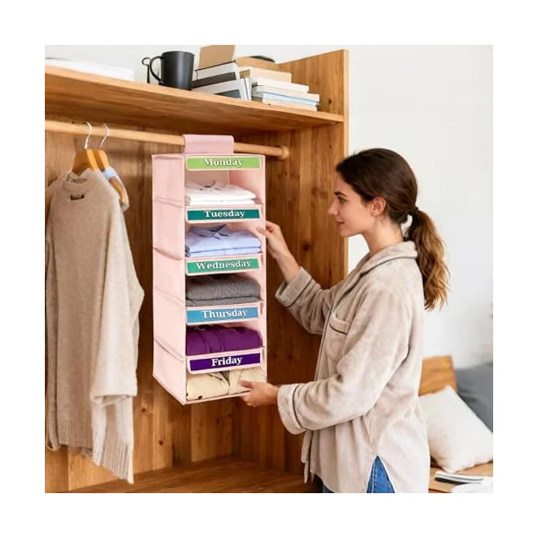 Children’s Garment Sorter, 5 Layer Suspended Wardrobe Rack, Apparel Holder for Weekday Wear and Everyday Looks, Soft Fabric Compartment Shelf for Kids’ Space, Armoire, Entry, Baby Room