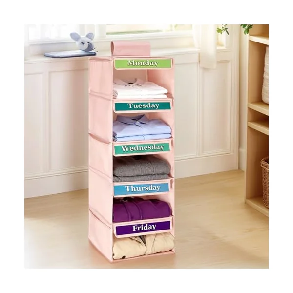 Children’s Garment Sorter, 5 Layer Suspended Wardrobe Rack, Apparel Holder for Weekday Wear and Everyday Looks, Soft Fabric Compartment Shelf for Kids’ Space, Armoire, Entry, Baby Room
