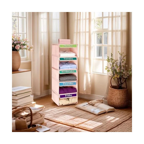 Children’s Garment Sorter, 5 Layer Suspended Wardrobe Rack, Apparel Holder for Weekday Wear and Everyday Looks, Soft Fabric Compartment Shelf for Kids’ Space, Armoire, Entry, Baby Room