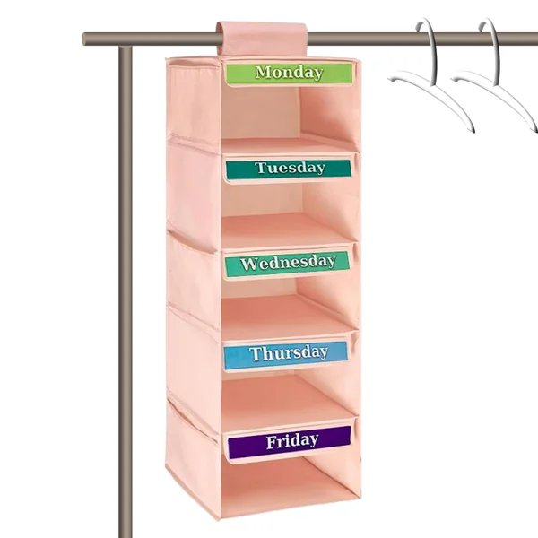 Children’s Garment Sorter, 5 Layer Suspended Wardrobe Rack, Apparel Holder for Weekday Wear and Everyday Looks, Soft Fabric Compartment Shelf for Kids’ Space, Armoire, Entry, Baby Room
