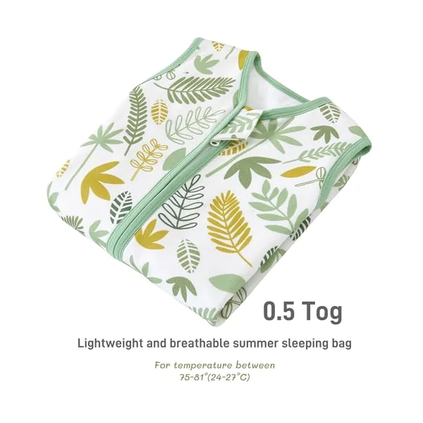 Chilsuessy Baby Sleeping Bag with Feet Summer Baby Sleeping Bag 100% Cotton 0.5 Tog Summer Kid Sleeping Bag with Legs for Infant Toddler, 0.5 Tog/Green Plants, 80cm/2-3 Years
