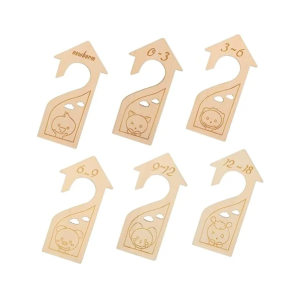 Ciieeo 6pcs Baby Clothes Divider Wardrobe Size Dividers with Cartoon Design, Beige Wood Material for Nursery Closet Organisation and Easy Clothes Sorting