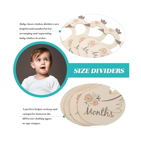 Ciieeo 7pcs Swan Shape Wooden Clothing Dividers for Baby Wardrobe | Month Period Print, Household Use, Keep Garments Ordered, Cute Nursery Organiser for Toddler Clothing