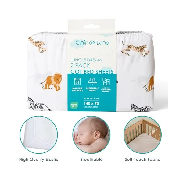 Clair de Lune Jungle Dream 2 Pack Fitted Cot Bed Sheets 70 x 140 cm | Breathable, gentle fabric