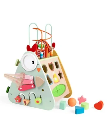 Classic World Wooden Happy Hen Activity Box, Includes Xylophone, Maze, Bead Coasters, Gears, Shape Sorter, Detachable Wing Rattle, Montessori Toy, Learning Center, 18 Months+, 32 x 27 x 43 cm