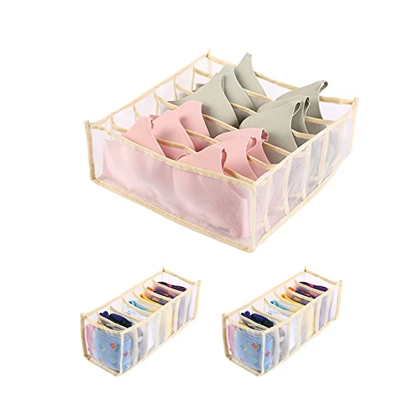 Closet Underwear Organizer Storage Box,3PCS Drawer Organisers, Foldable Wardrobe Organiser, Fabric Drawer Divider Underwear Storage Boxes For Bras, Baby Clothes, Socks, Ties(Creamy white)