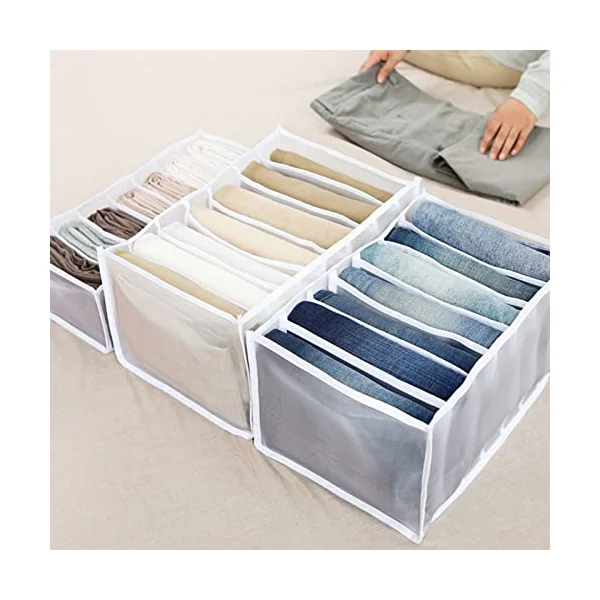 Clothes Storage Boxes Drawer Organizer Jeans Storage Box Foldable Transparent Drawer Insert Wardrobe Organiser for Trousers Jeans Clothing Underwear Baby Clothes Bra Socks Ties -3PCS White