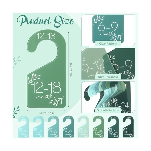Colingmill 8 Pcs Baby Closet Size Dividers Acrylic Baby Closet Dividers Nursery Closet Dividers Baby Clothes Size Hanger Baby Wardrobe Organizers Infant Wardrobe Separator, 7 x 3 Inch (Green)