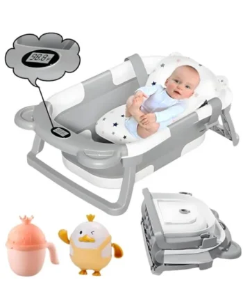 Collapsible Baby Bath Tub with Thermometer - Baby Bath Support for Newborn Bath - Portable Bathtub with Drain Plug for Travel - Anti Slip Tub with Shower Jug and Toy 0-24 Months (Grey)