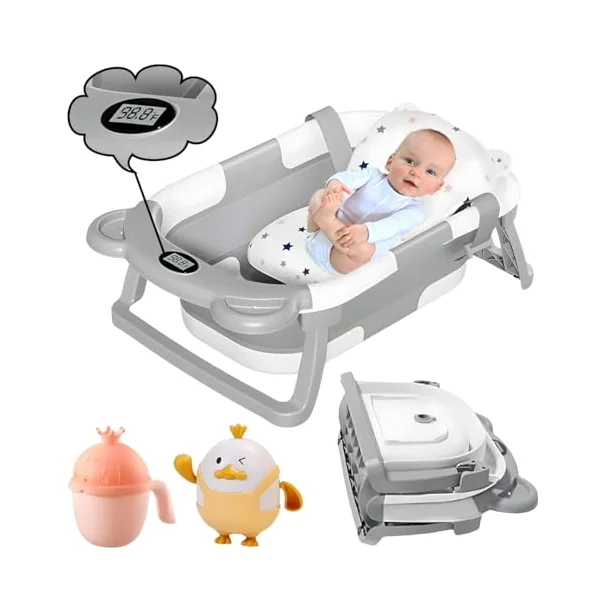 Collapsible Baby Bath Tub with Thermometer - Baby Bath Support for Newborn Bath - Portable Bathtub with Drain Plug for Travel - Anti Slip Tub with Shower Jug and Toy 0-24 Months (Grey)