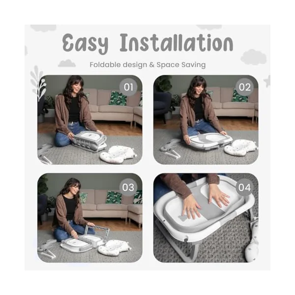 Collapsible Baby Bath Tub with Thermometer - Baby Bath Support for Newborn Bath - Portable Bathtub with Drain Plug for Travel - Anti Slip Tub with Shower Jug and Toy 0-24 Months (Grey)