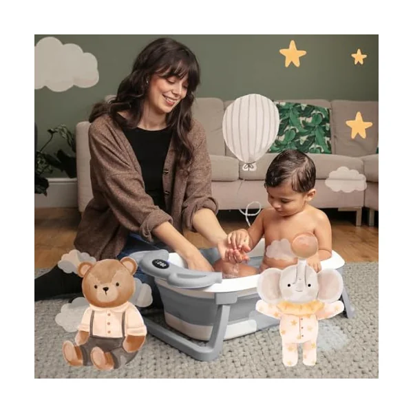 Collapsible Baby Bath Tub with Thermometer - Baby Bath Support for Newborn Bath - Portable Bathtub with Drain Plug for Travel - Anti Slip Tub with Shower Jug and Toy 0-24 Months (Grey)