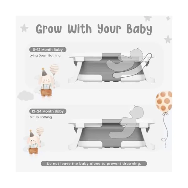 Collapsible Baby Bath Tub with Thermometer - Baby Bath Support for Newborn Bath - Portable Bathtub with Drain Plug for Travel - Anti Slip Tub with Shower Jug and Toy 0-24 Months (Grey)