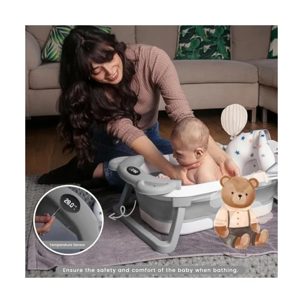 Collapsible Baby Bath Tub with Thermometer - Baby Bath Support for Newborn Bath - Portable Bathtub with Drain Plug for Travel - Anti Slip Tub with Shower Jug and Toy 0-24 Months (Grey)
