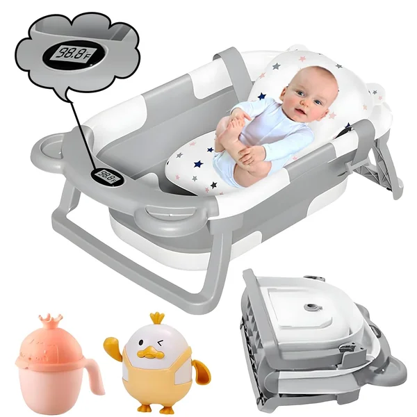 Collapsible Baby Bath Tub with Thermometer - Baby Bath Support for Newborn Bath - Portable Bathtub with Drain Plug for Travel - Anti Slip Tub with Shower Jug and Toy 0-24 Months (Grey)