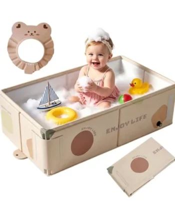 Collapsible Baby Bathtub - Khaki Large Non-Slip Kids Bath Tub with Drain Plug, Foldable Infant Bathtub with Ergonomic Support, Portable Space-Saving Baby Bathtub, Space Saving for Indoor Outdoor Use