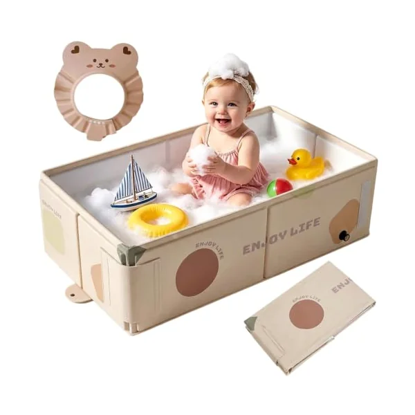 Collapsible Baby Bathtub - Khaki Large Non-Slip Kids Bath Tub with Drain Plug, Foldable Infant Bathtub with Ergonomic Support, Portable Space-Saving Baby Bathtub, Space Saving for Indoor Outdoor Use