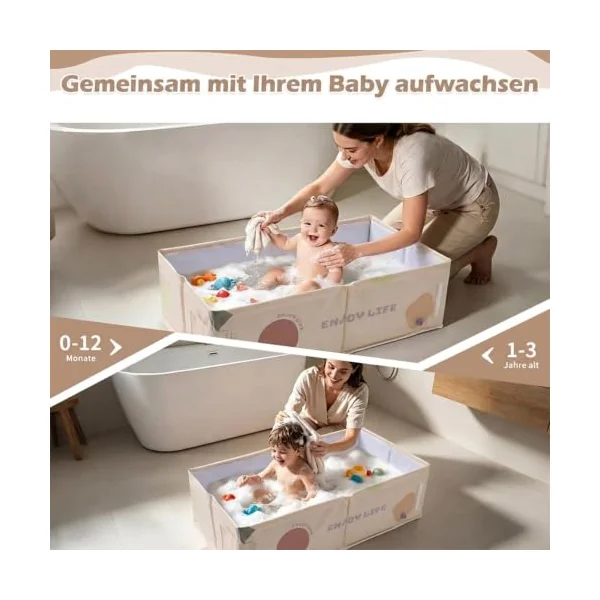 Collapsible Baby Bathtub - Khaki Large Non-Slip Kids Bath Tub with Drain Plug, Foldable Infant Bathtub with Ergonomic Support, Portable Space-Saving Baby Bathtub, Space Saving for Indoor Outdoor Use