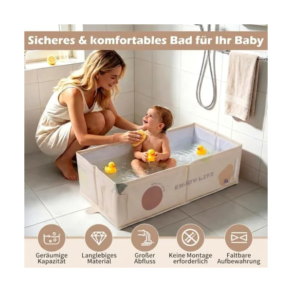 Collapsible Baby Bathtub - Khaki Large Non-Slip Kids Bath Tub with Drain Plug, Foldable Infant Bathtub with Ergonomic Support, Portable Space-Saving Baby Bathtub, Space Saving for Indoor Outdoor Use