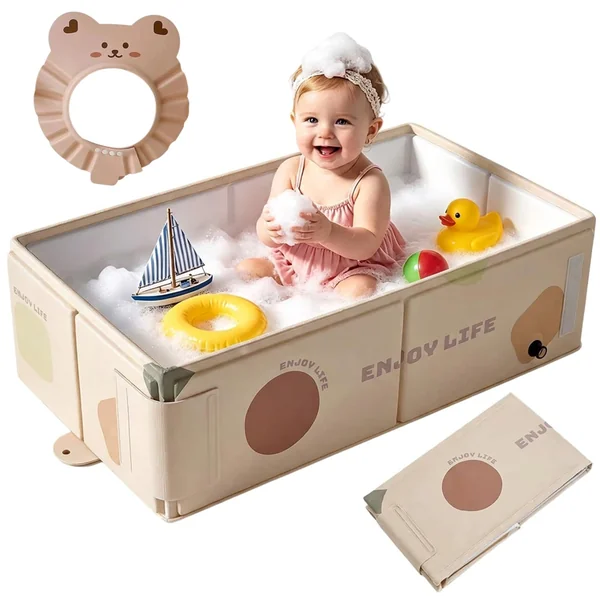 Collapsible Baby Bathtub - Khaki Large Non-Slip Kids Bath Tub with Drain Plug, Foldable Infant Bathtub with Ergonomic Support, Portable Space-Saving Baby Bathtub, Space Saving for Indoor Outdoor Use