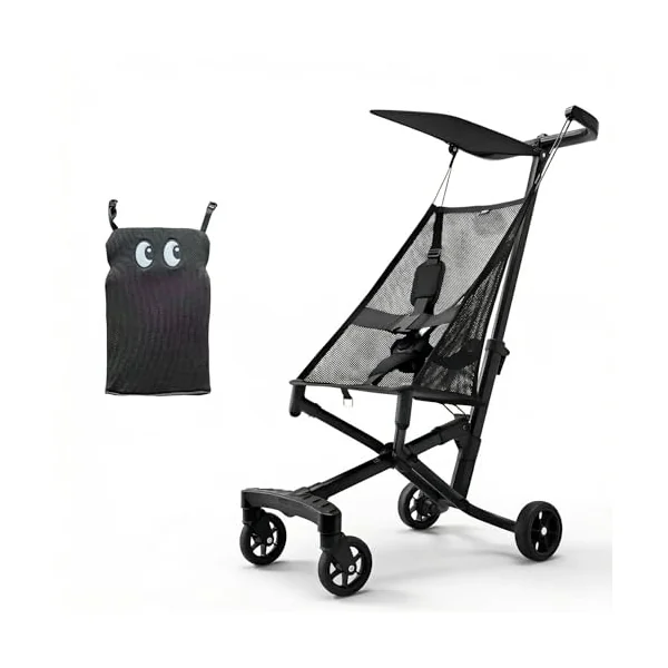 Compact Folding Baby Stroller, 2.8kg Ultra-Light & One-Click Mechanism, Airplane Approved Travel Pushchair with Fun Cartoon Cushion for Children 0-4 Years Old, 4 Colors black2