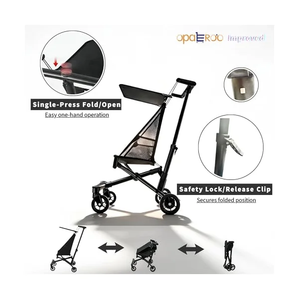 Compact Folding Baby Stroller, 2.8kg Ultra-Light & One-Click Mechanism, Airplane Approved Travel Pushchair with Fun Cartoon Cushion for Children 0-4 Years Old, 4 Colors black2