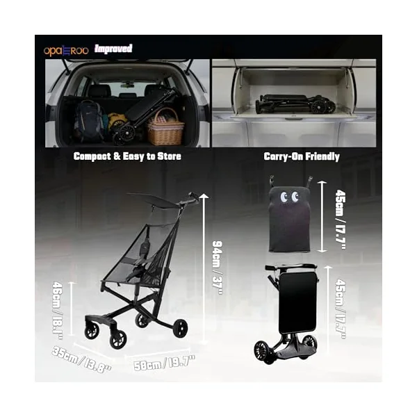 Compact Folding Baby Stroller, 2.8kg Ultra-Light & One-Click Mechanism, Airplane Approved Travel Pushchair with Fun Cartoon Cushion for Children 0-4 Years Old, 4 Colors black2
