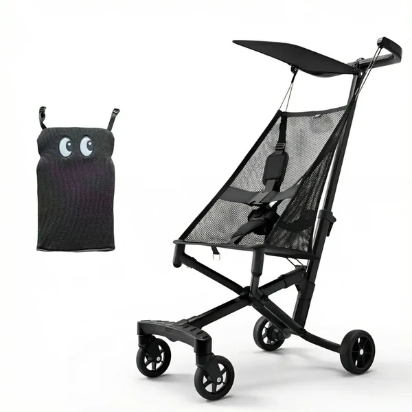 Compact Folding Baby Stroller, 2.8kg Ultra-Light & One-Click Mechanism, Airplane Approved Travel Pushchair with Fun Cartoon Cushion for Children 0-4 Years Old, 4 Colors black2